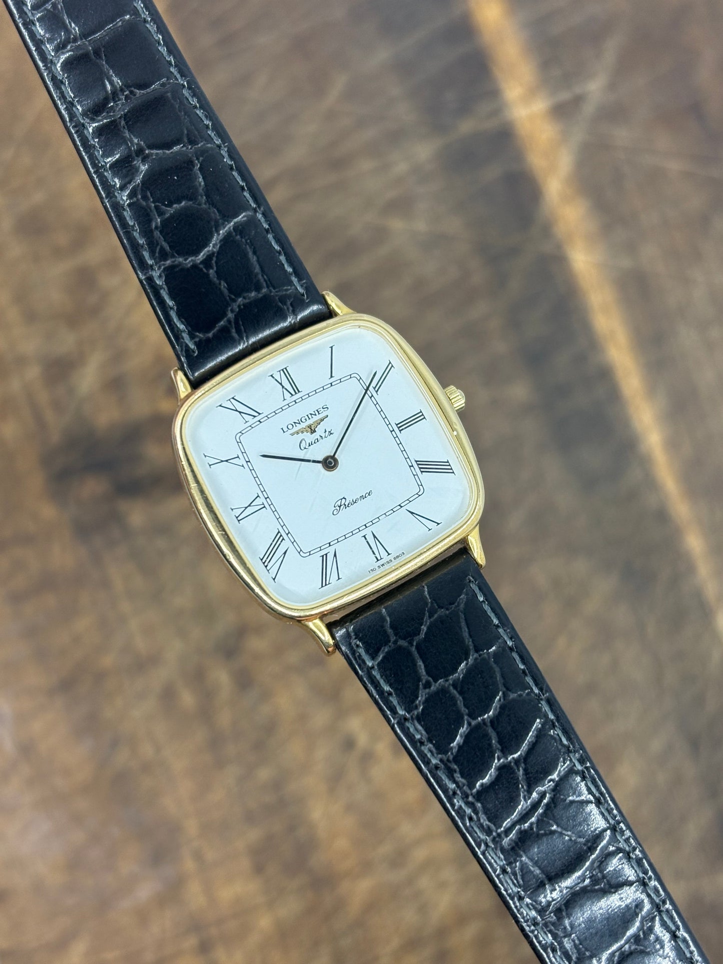 Longines Presence Quartz Dress Watch – Gold Tone Case, Roman Dial, Leather Strap