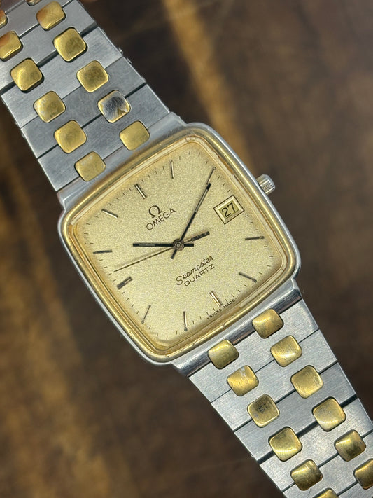 Vintage Omega Seamaster Quartz Two Tone Watch | Champagne Dial Date Integrated Bracelet