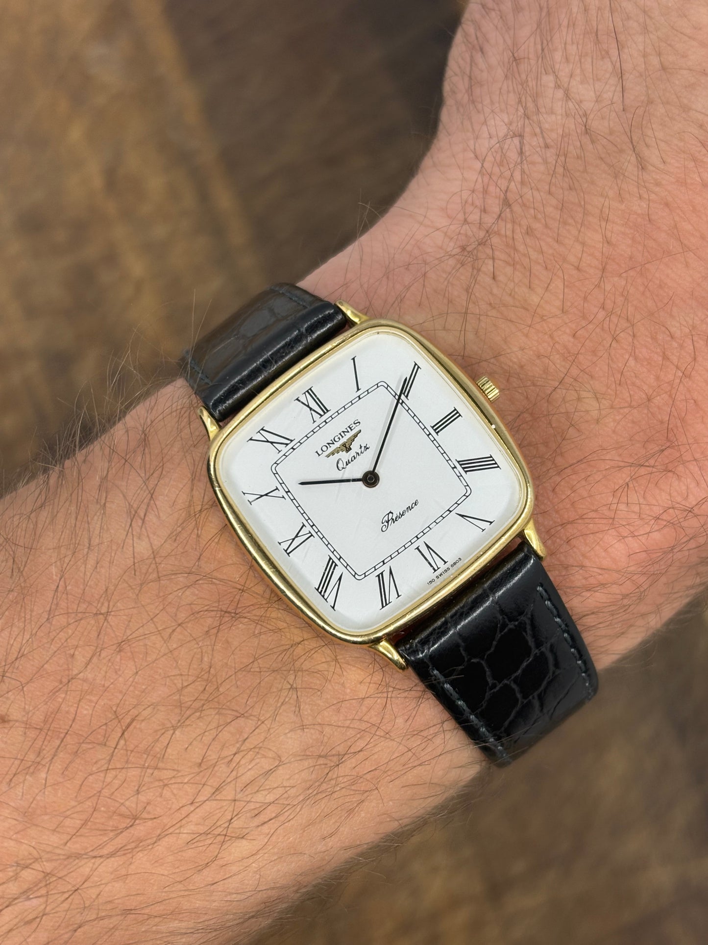 Longines Presence Quartz Dress Watch – Gold Tone Case, Roman Dial, Leather Strap