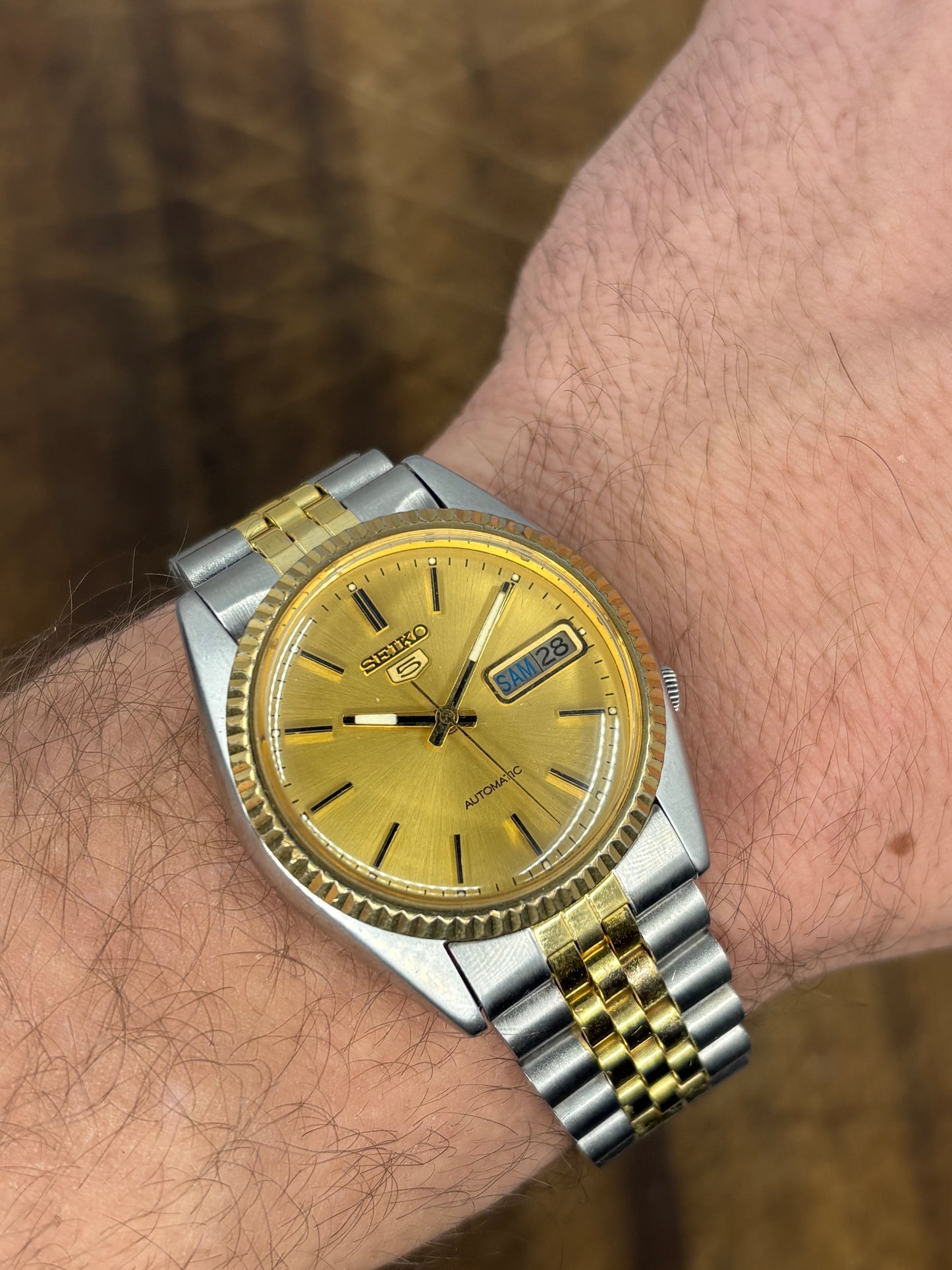 Seiko 5 SNXJ92 Men Watch Automatic Two-Tone Gold Dial Stainless-Steel Wristwatch
