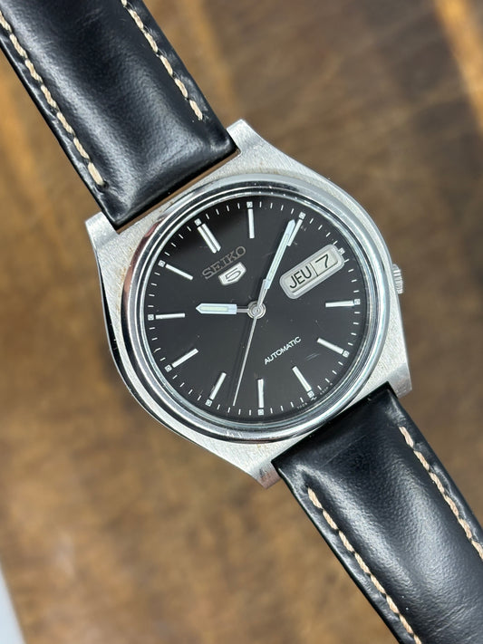 Seiko 5 Automatic Watch Vintage Black Dial Day Date Men’s Stainless Steel Case