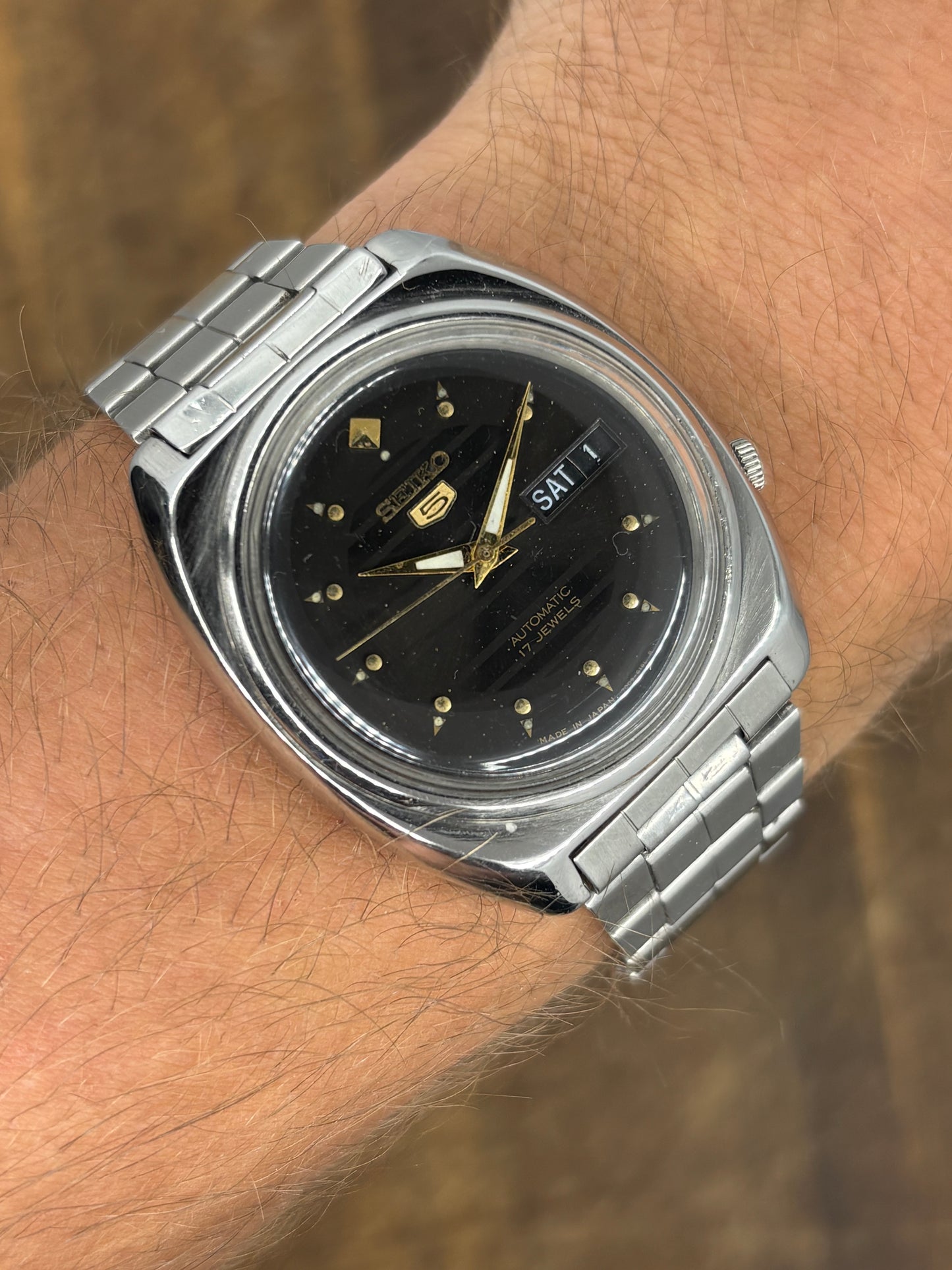 Seiko 5 Automatic | Black Dial | Cushion Case | Gold Accents | 70s Vintage