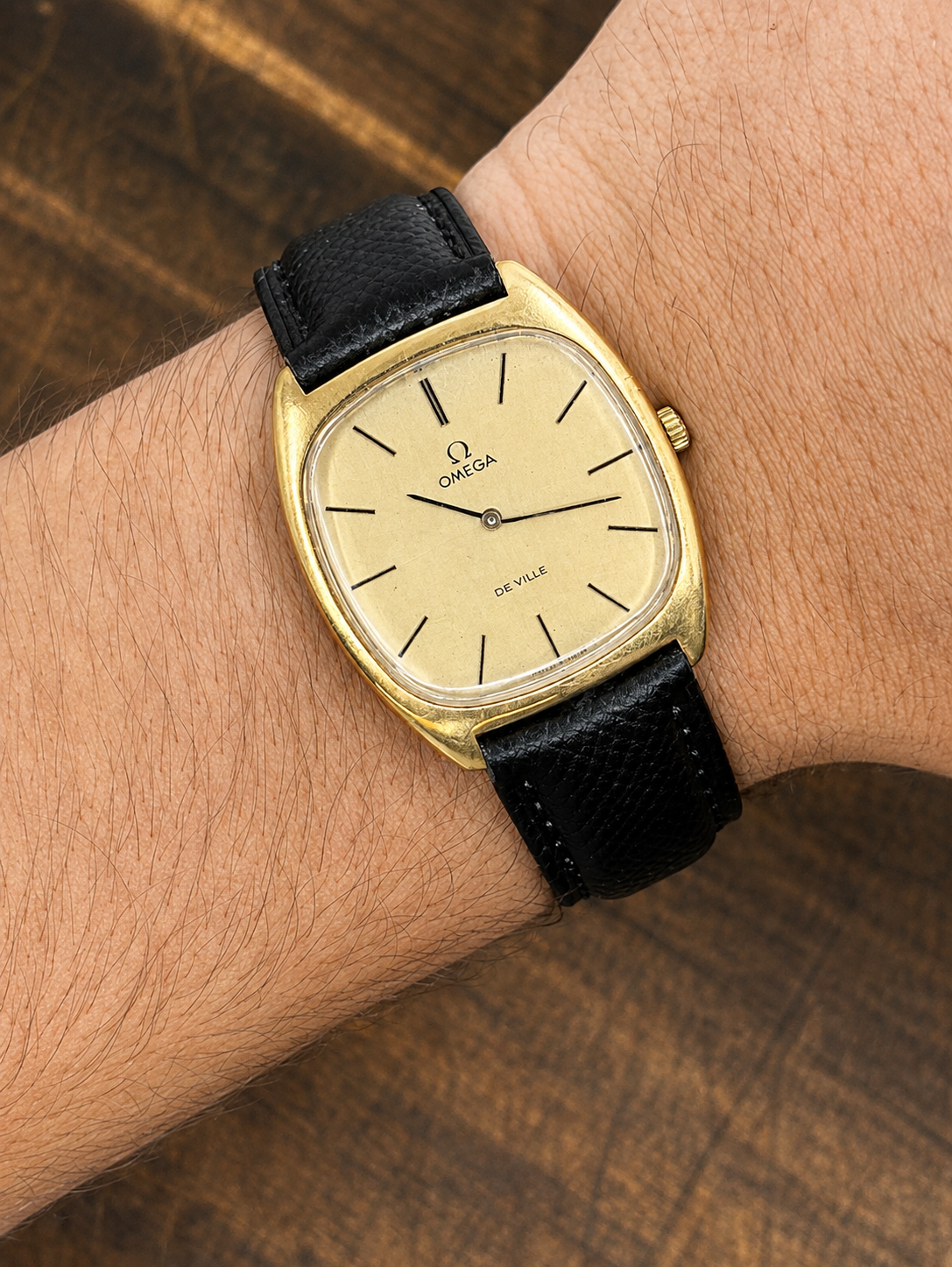 Vintage Omega De Ville Gold Tone Dress Watch | Ultra Slim | Black Leather Strap | Swiss Made