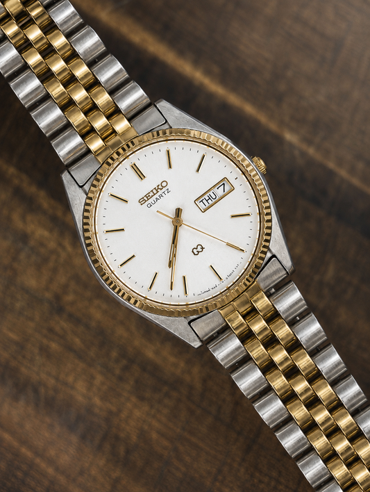 Vintage Seiko Quartz Day-Date Watch | Two-Tone Stainless Steel | White Dial | Japan