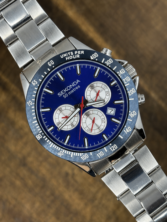 Sekonda Blue Chronograph Quartz Watch | Stainless Steel | Tachymeter Bezel | 50M