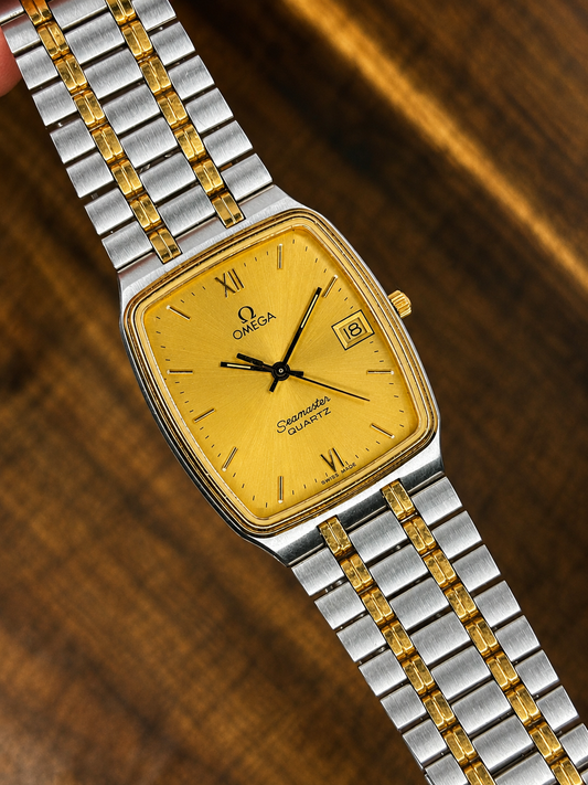 Vintage Omega Seamaster Quartz Two-Tone Watch | Gold Dial | Date | Swiss Made