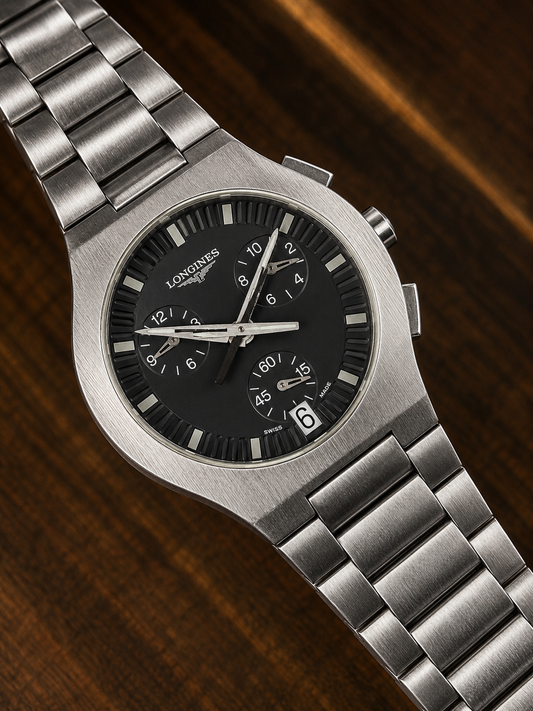 Vintage Longines Admiral Chronograph Quartz | Stainless Steel | Black Dial | Swiss Made