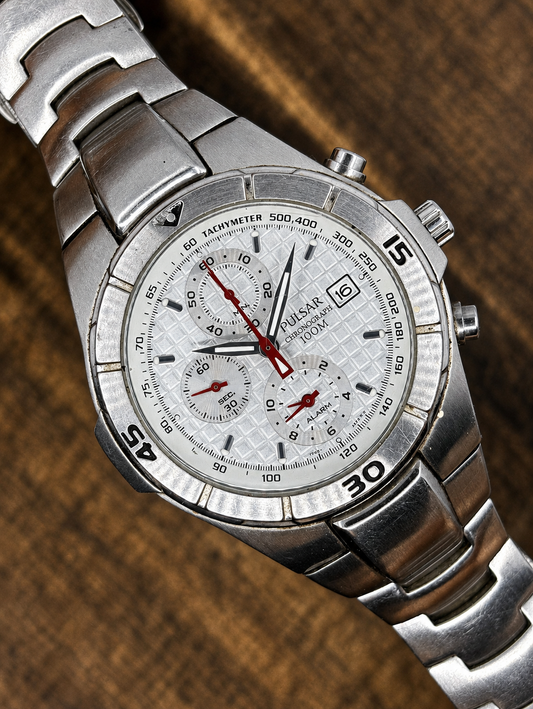 Vintage Pulsar Chronograph Alarm 100M Quartz Watch | White Textured Dial | Stainless Steel