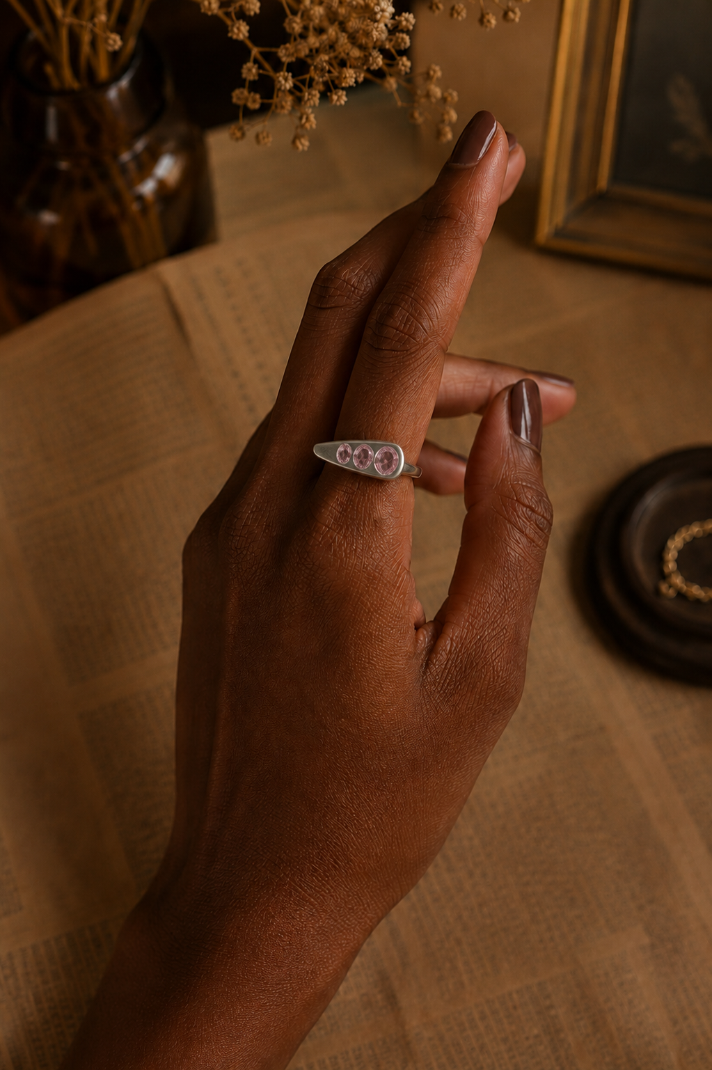 Vintage Pink Topaz Stone Trilogy Ring – Sterling Silver