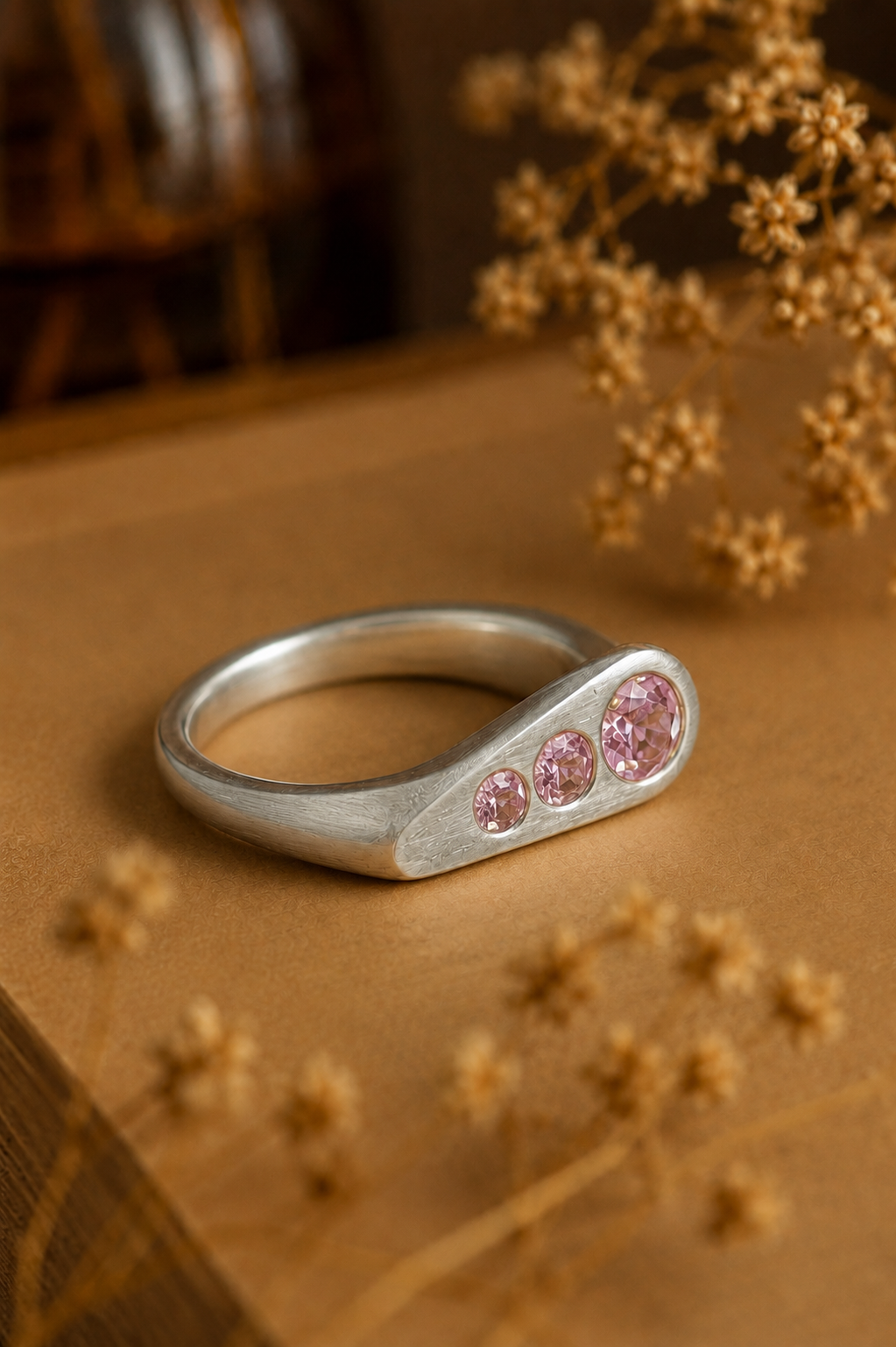 Vintage Pink Topaz Stone Trilogy Ring – Sterling Silver