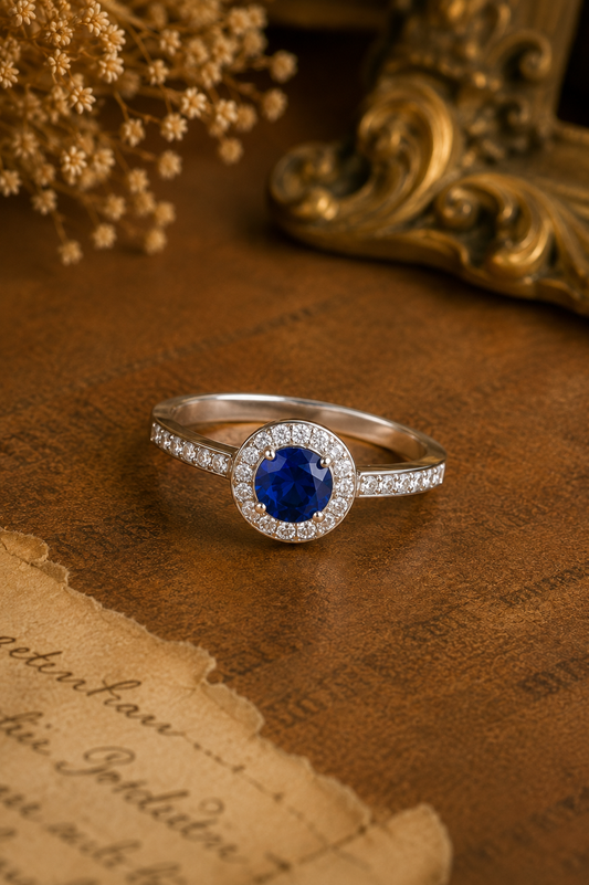 Sterling Silver Blue Stone Halo Ring