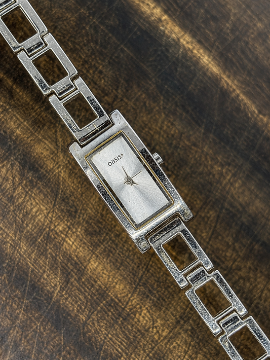 Vintage Oasis Ladies Quartz Watch | Silver Tone Rectangular Dress Watch | Geometric Bracelet | Minimalist Design
