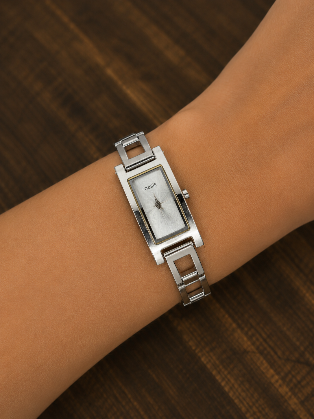 Vintage Oasis Ladies Quartz Watch | Silver Tone Rectangular Dress Watch | Geometric Bracelet | Minimalist Design