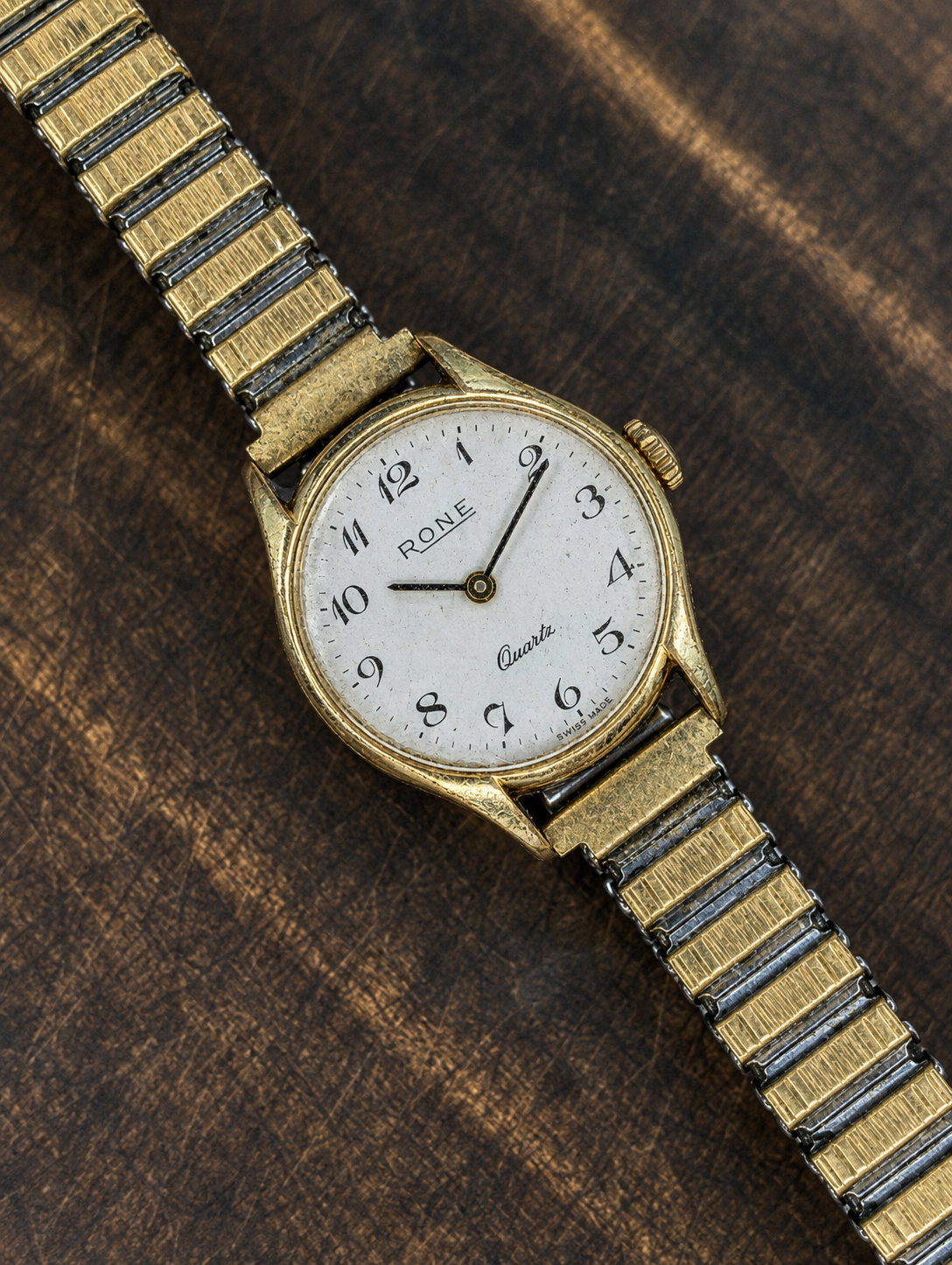 Vintage Rone Ladies Quartz Watch | Swiss Made | Gold Tone Dress Watch | Expandable Bracelet | Minimalist Design