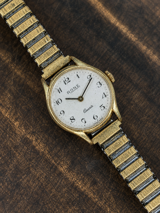 Vintage Rone Ladies Quartz Watch | Swiss Made | Gold Tone Dress Watch | Expandable Bracelet | Minimalist Design