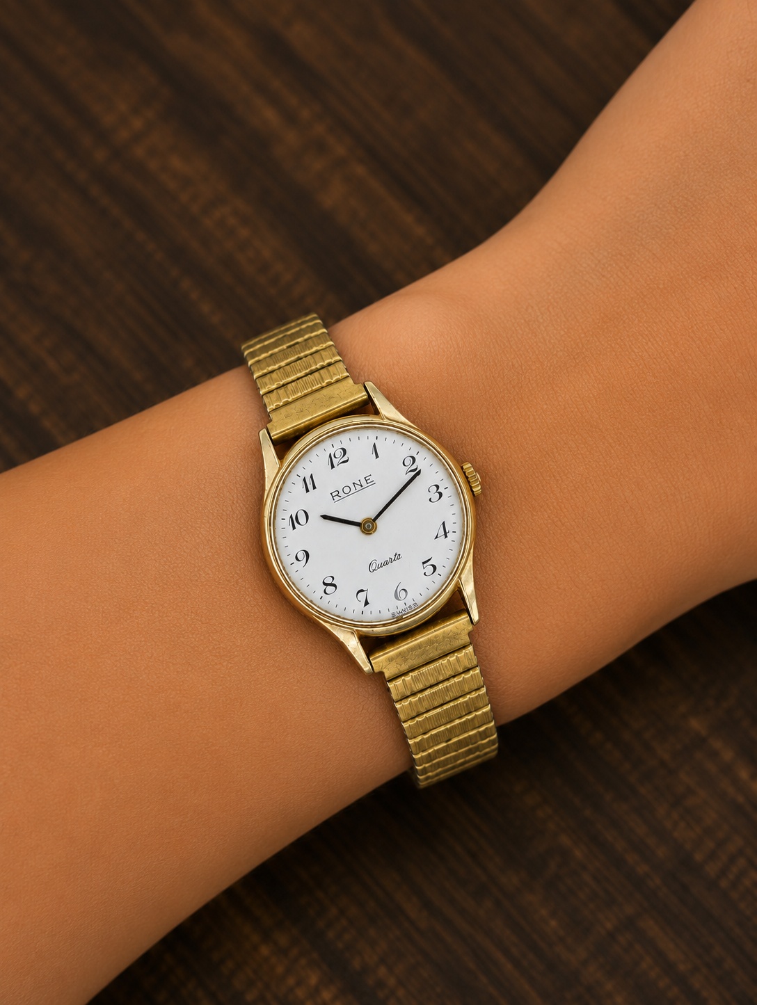 Vintage Rone Ladies Quartz Watch | Swiss Made | Gold Tone Dress Watch | Expandable Bracelet | Minimalist Design