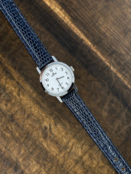 Vintage Lorus Ladies Quartz Watch | White Dial | Silver Tone Case | Blue Textured Leather Strap
