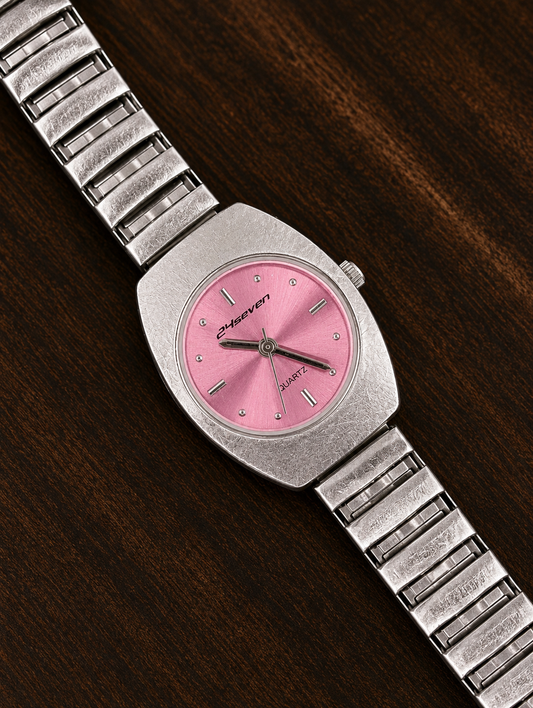 Vintage 24Seven Ladies Quartz Watch | Pink Sunburst Dial | Stainless Steel Bracelet
