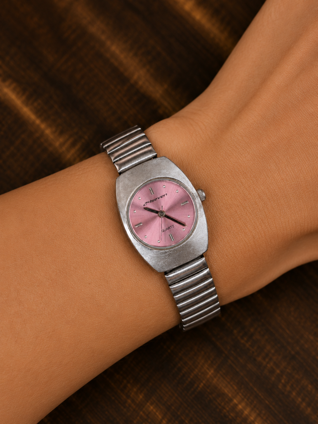 Vintage 24Seven Ladies Quartz Watch | Pink Sunburst Dial | Stainless Steel Bracelet