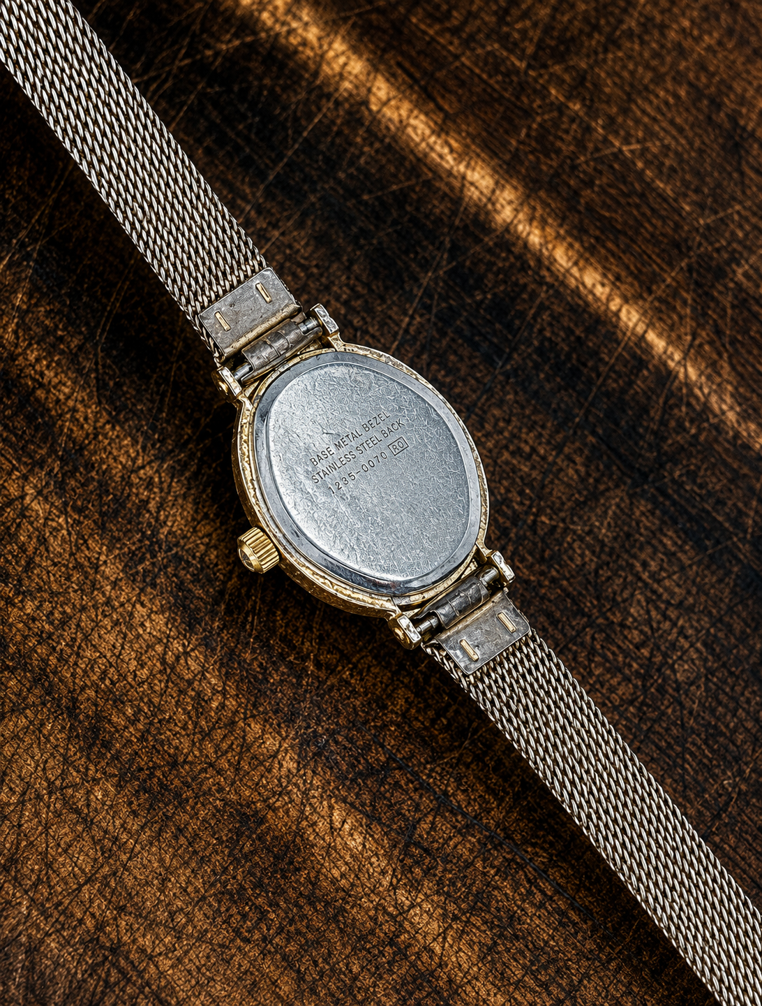 Vintage Ladies Quartz Watch | Gold Tone Oval Case | White Dial | Mesh Bracelet | Heart Lugs