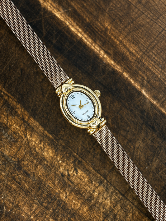Vintage Ladies Quartz Watch | Gold Tone Oval Case | White Dial | Mesh Bracelet | Heart Lugs
