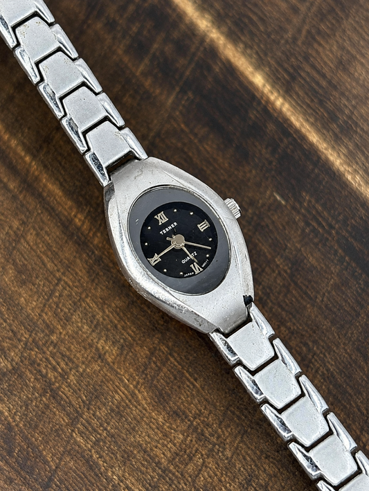 Vintage Tenner Ladies Quartz Watch | Black Dial | Silver Tone Bracelet | Petite Dress Watch
