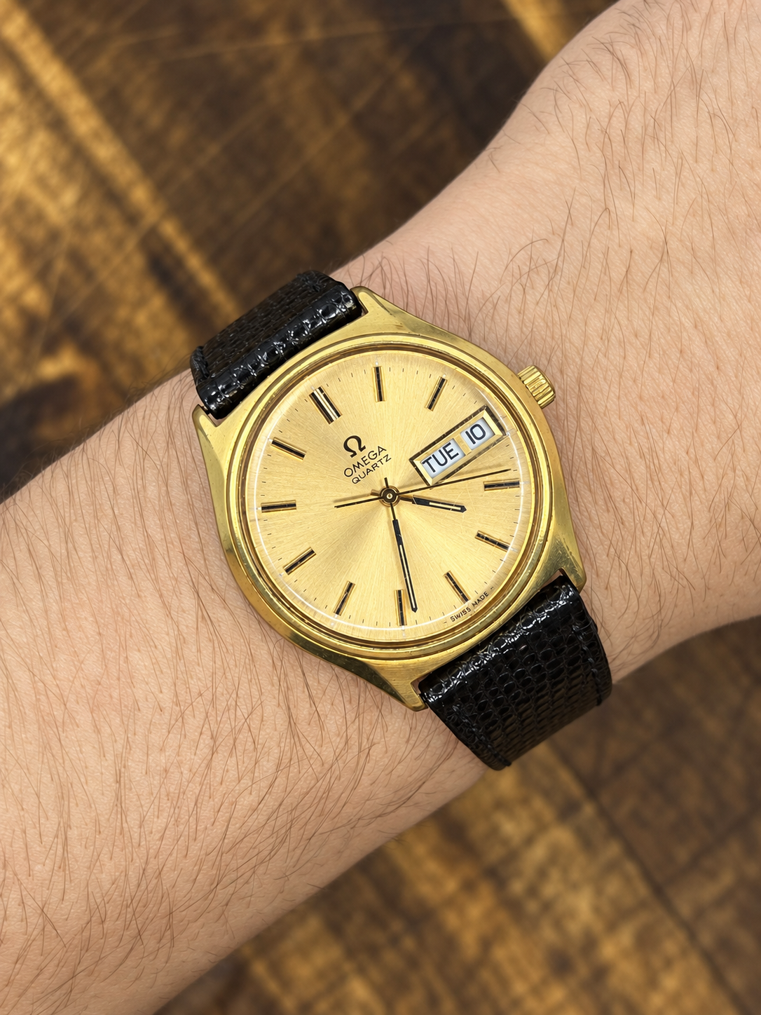 Vintage Omega Quartz Day-Date Gold Tone Watch – Champagne Dial