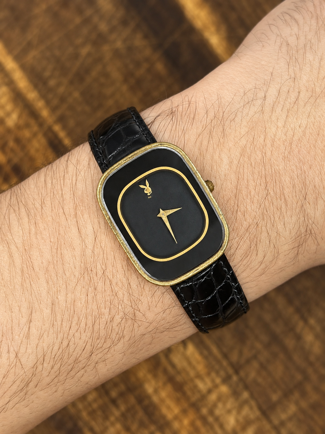 Vintage Playboy Ladies Gold Tone Watch – Black Dial – Black Leather Strap