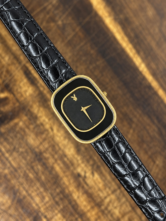 Vintage Playboy Ladies Gold Tone Watch – Black Dial – Black Leather Strap