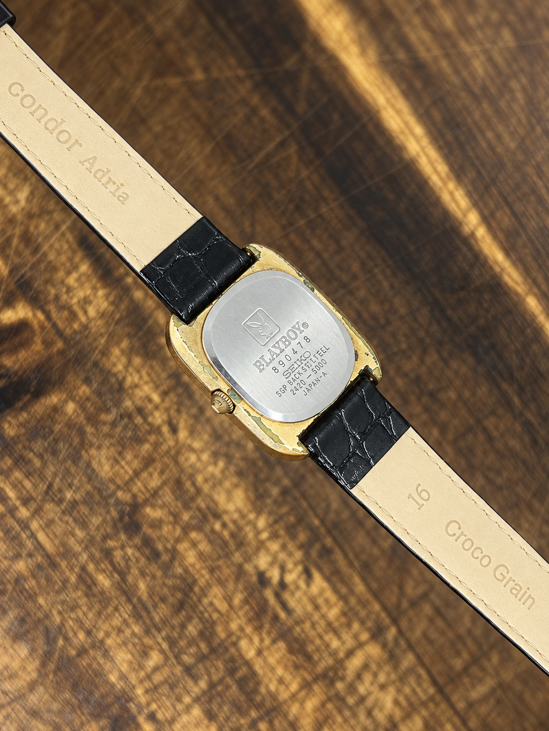 Vintage Playboy Ladies Gold Tone Watch – Black Dial – Black Leather Strap