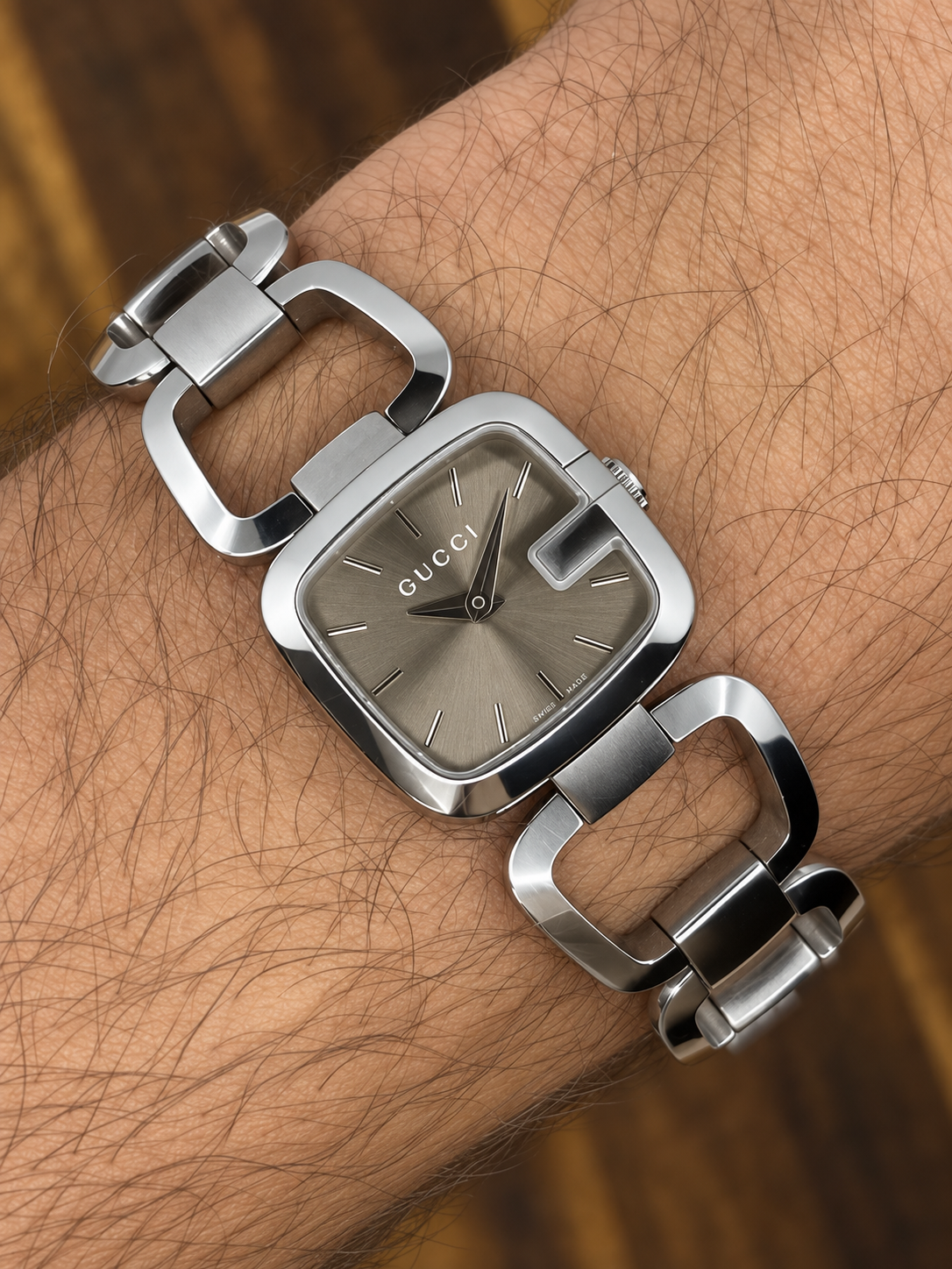 Vintage Gucci Horsebit Link Watch | Silver Tone Grey Sunburst Dial Swiss Made
