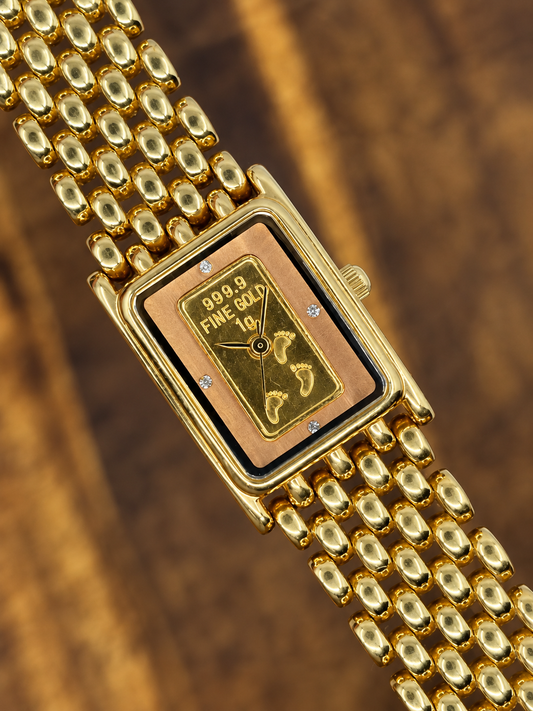 Vintage Fine Gold Bar Dial Watch | 999.9 Ingot Design Gold Tone Bracelet