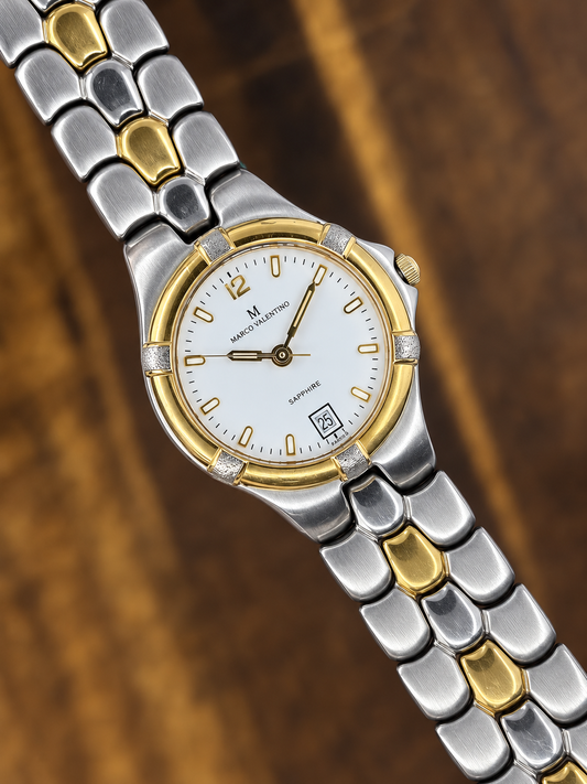 Vintage Marco Valentino Two-Tone Sapphire Watch | White Dial Date Swiss Made