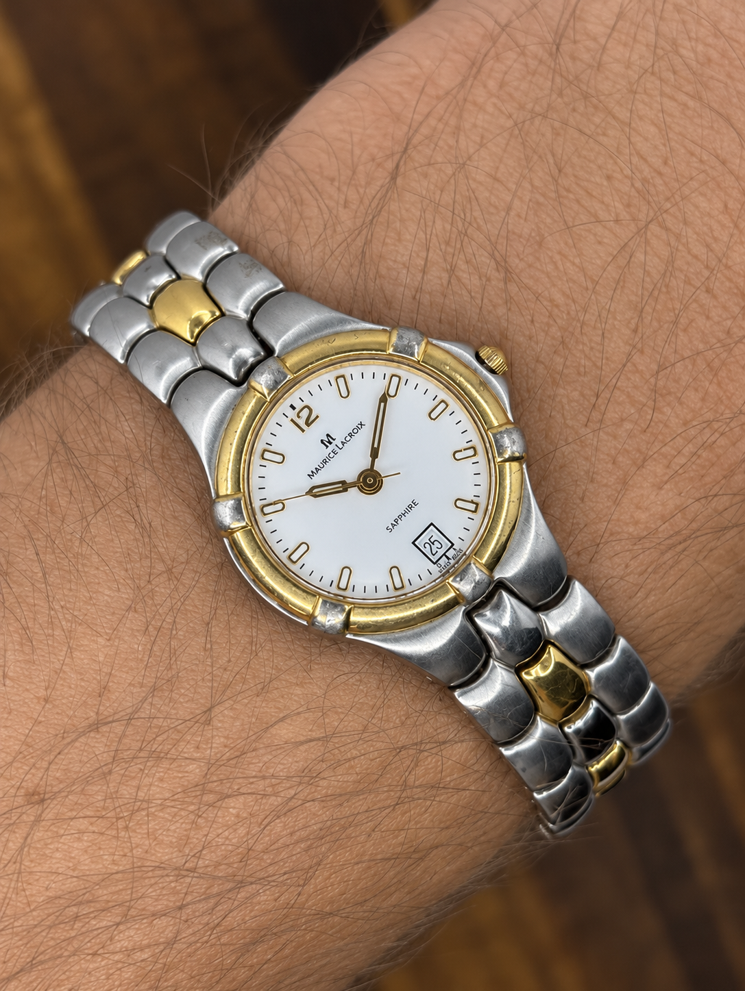Vintage Marco Valentino Two-Tone Sapphire Watch | White Dial Date Swiss Made