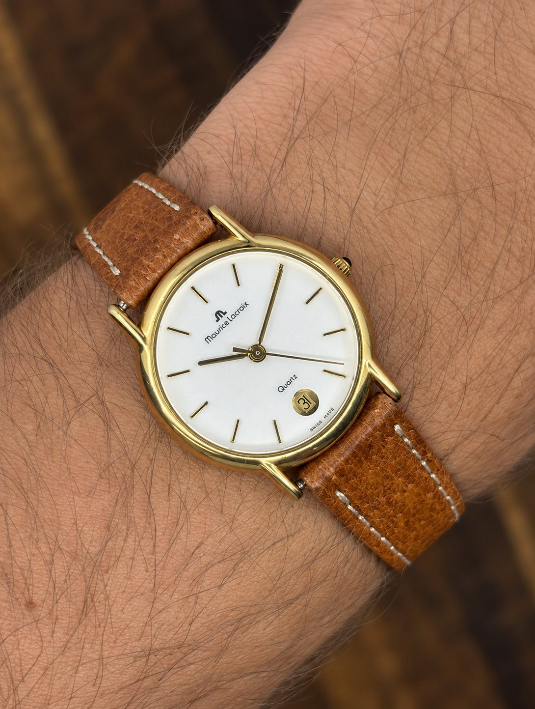 Vintage Maurice Lacroix Gold Tone Quartz Watch | White Dial Date Swiss Made