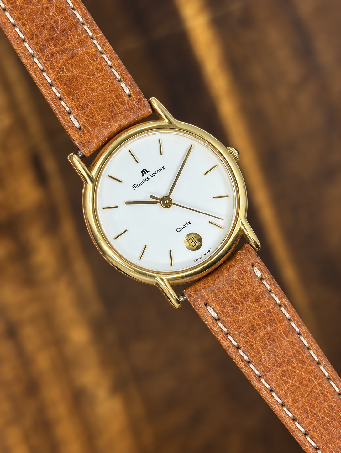 Vintage Maurice Lacroix Gold Tone Quartz Watch | White Dial Date Swiss Made