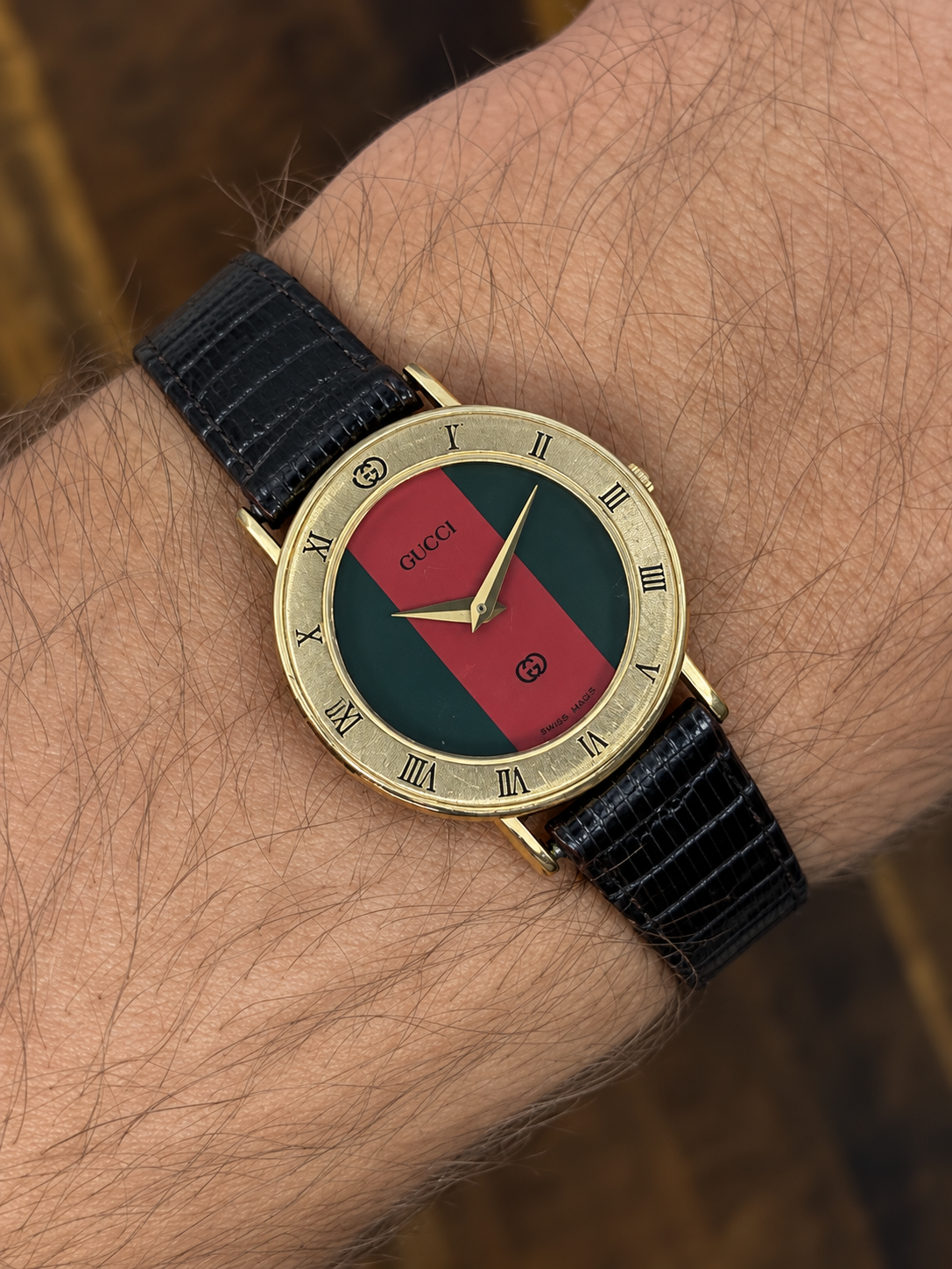 Vintage Gucci Web Stripe Watch | Red & Green Dial Gold Tone Swiss Made