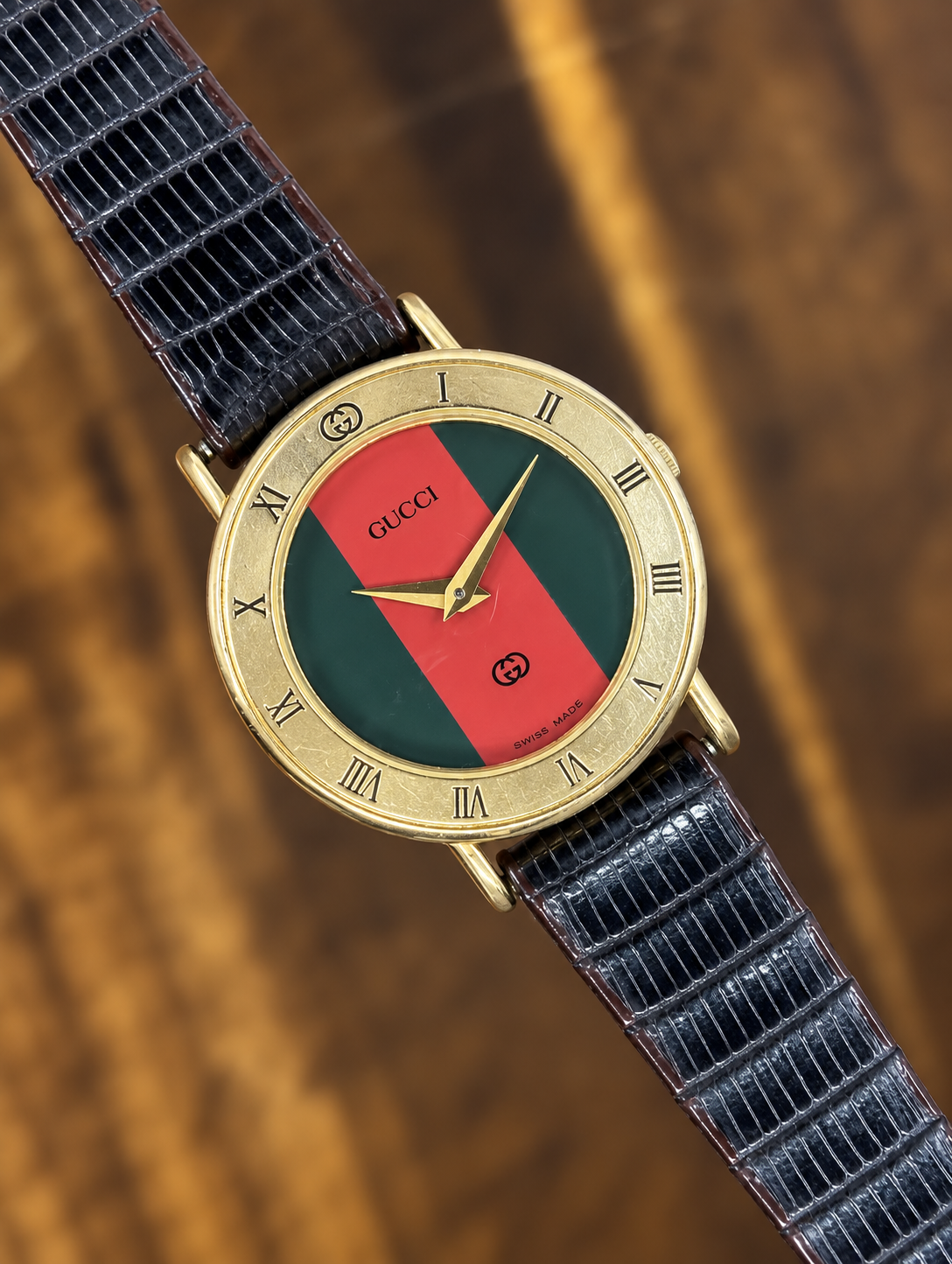 Vintage Gucci Web Stripe Watch | Red & Green Dial Gold Tone Swiss Made