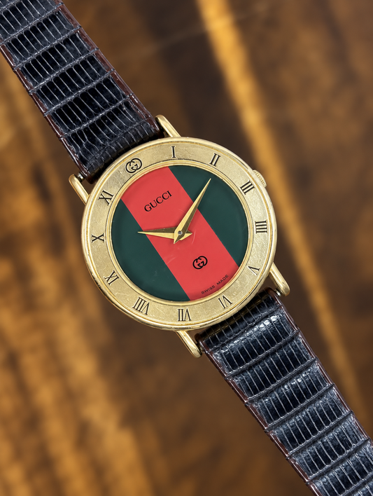 Vintage Gucci Web Stripe Watch | Red & Green Dial Gold Tone Swiss Made