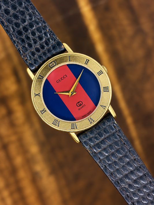 Vintage Gucci Web Stripe Quartz Watch | Red & Blue Dial Gold Tone Swiss Made