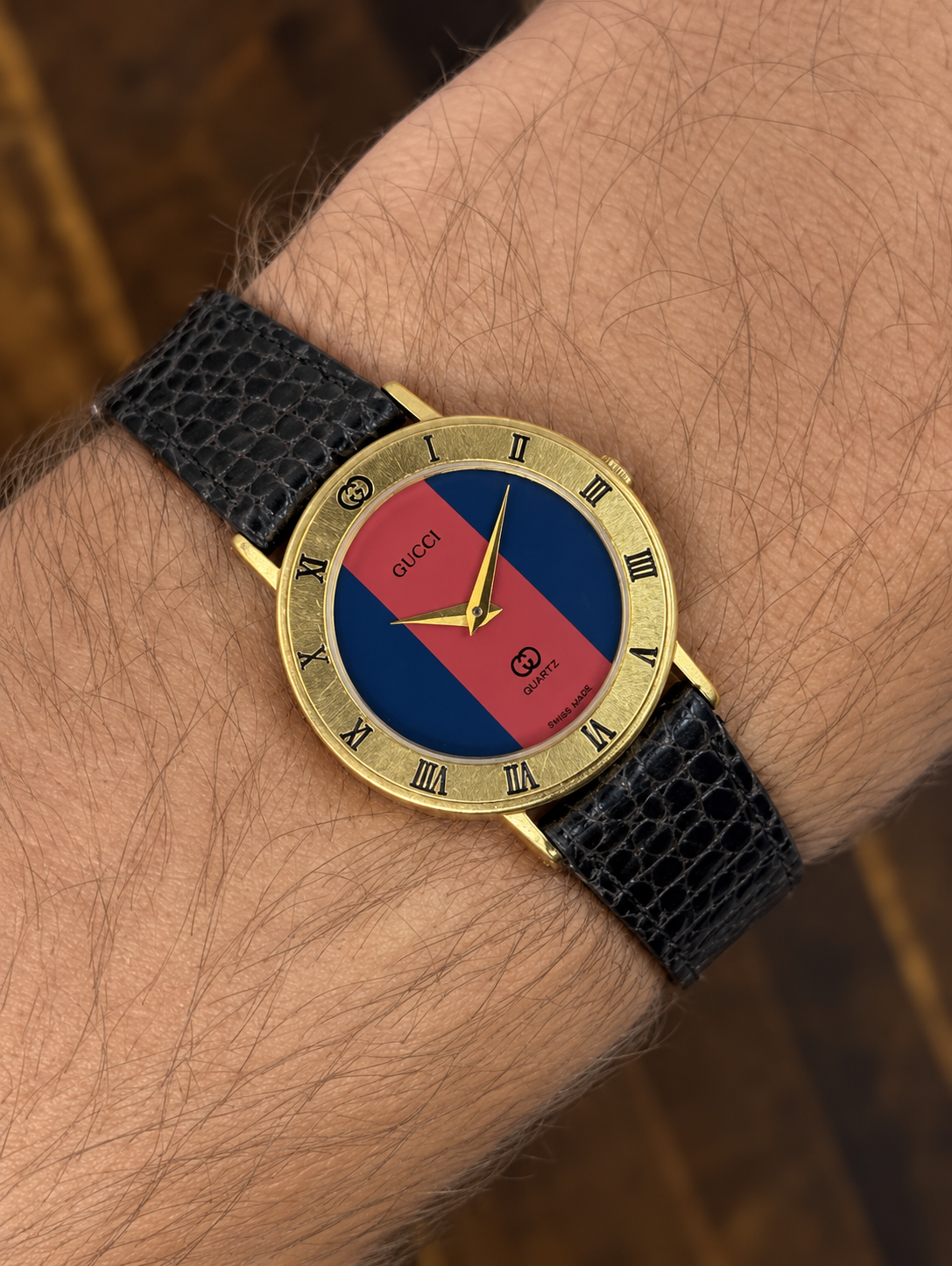 Vintage Gucci Web Stripe Quartz Watch | Red & Blue Dial Gold Tone Swiss Made