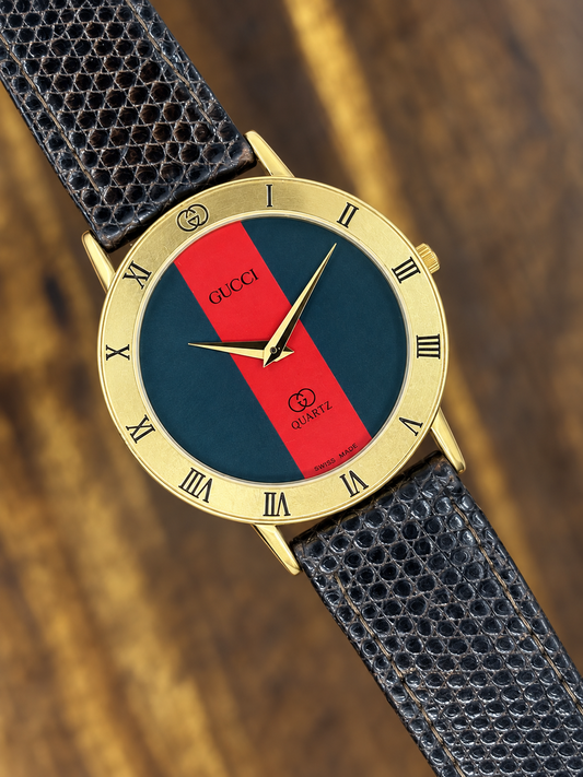 Vintage Gucci Web Stripe Quartz Watch | Red & Blue Dial Gold Tone Swiss Made