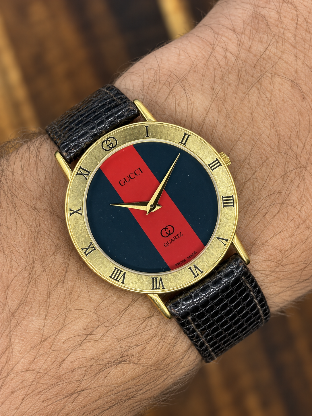 Vintage Gucci Web Stripe Quartz Watch | Red & Blue Dial Gold Tone Swiss Made