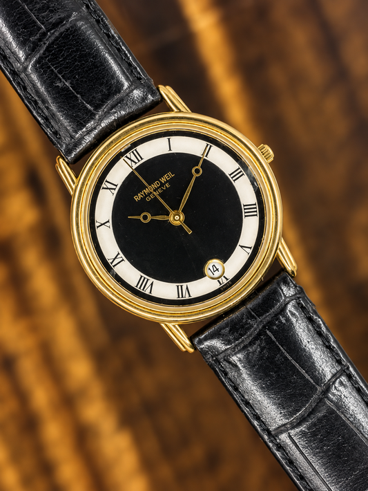 Vintage Raymond Weil Genève Watch | Black & White Roman Numeral Dial Gold Tone