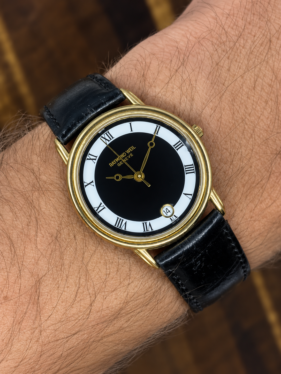 Vintage Raymond Weil Genève Watch | Black & White Roman Numeral Dial Gold Tone