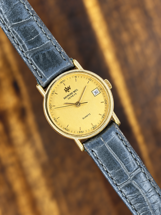 Vintage Raymond Weil Genève Quartz Watch | Gold Dial Date Black Leather Strap