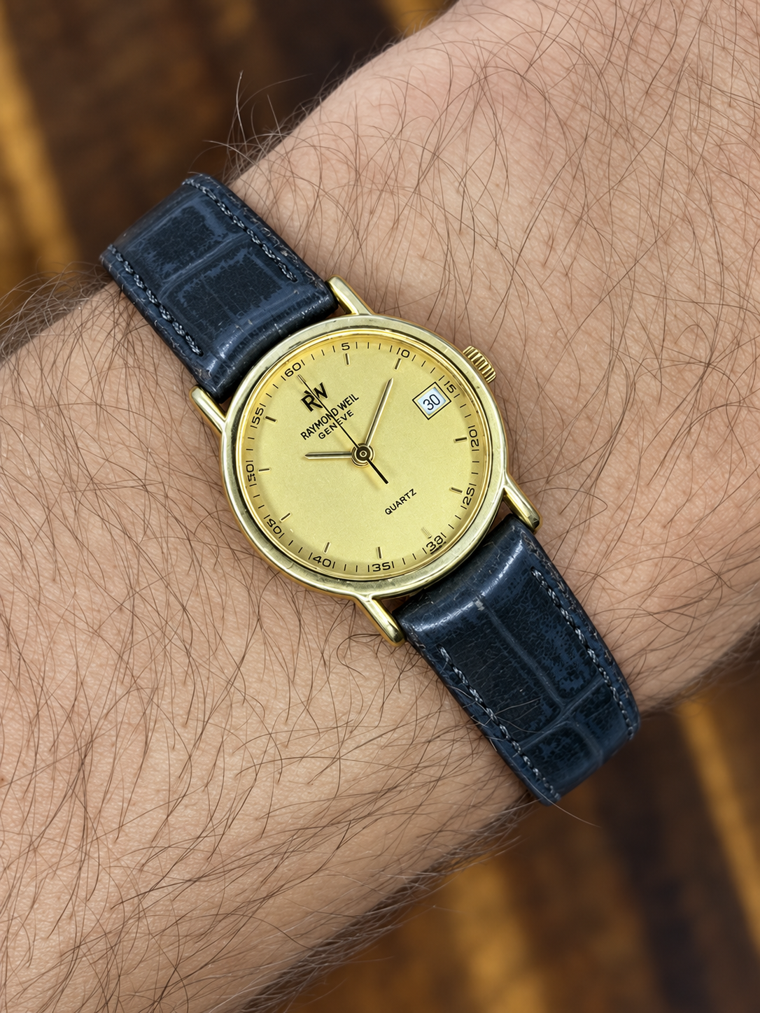 Vintage Raymond Weil Genève Quartz Watch | Gold Dial Date Black Leather Strap