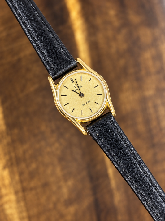 Vintage Omega De Ville Quartz Cal. 1387 Ladies Watch | Gold Dial Black Leather
