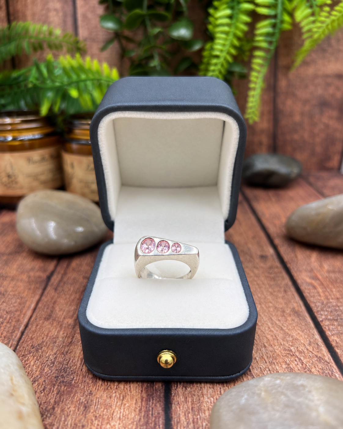 Vintage Style Sterling Silver Three Pink Stone Ring – Chunky Modernist Statement Ring