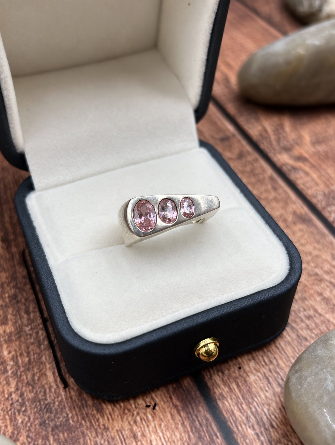 Vintage Style Sterling Silver Three Pink Stone Ring – Chunky Modernist Statement Ring